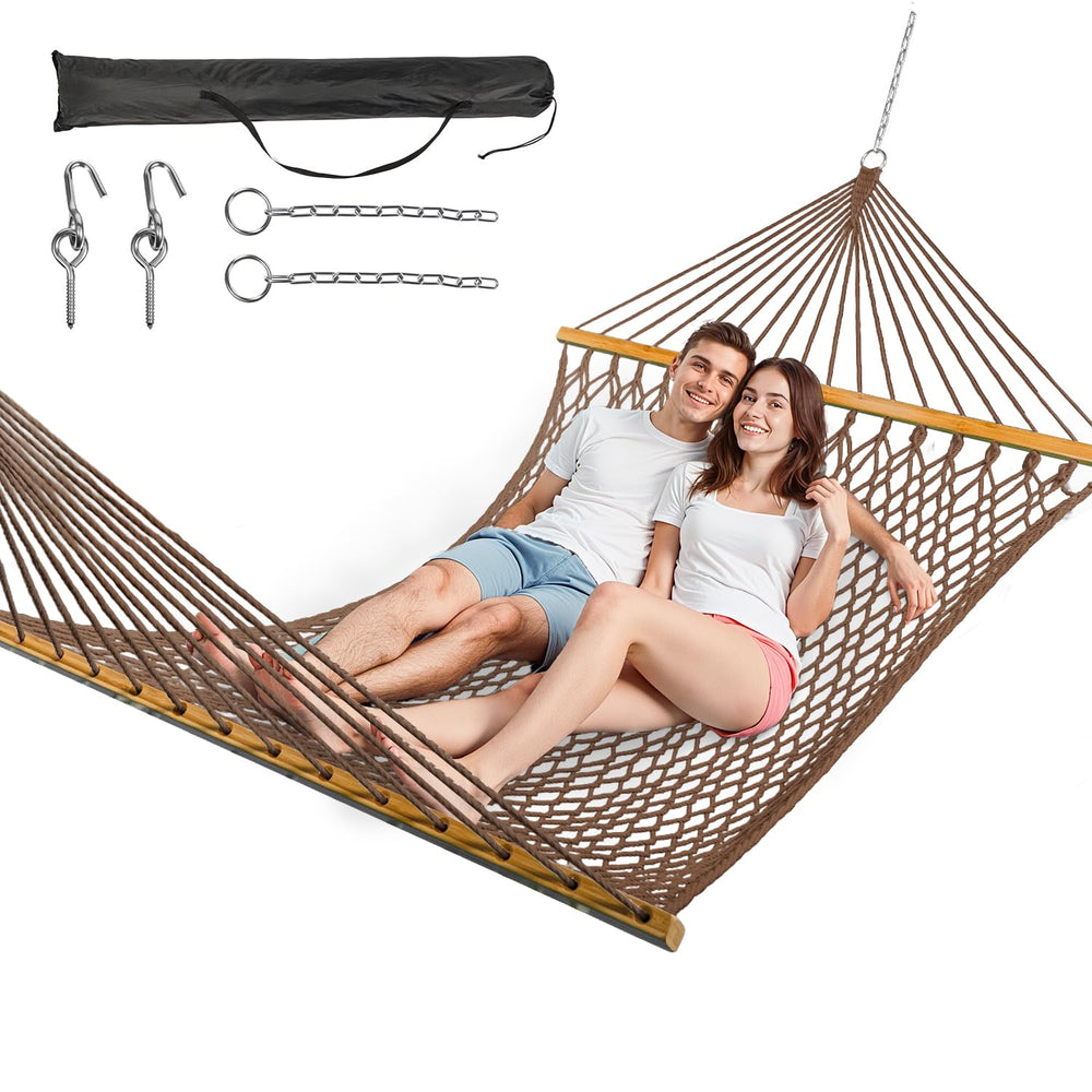 ANAGOO double hammock front view showing brown spreader bars and bed, comfortable two-person lounging