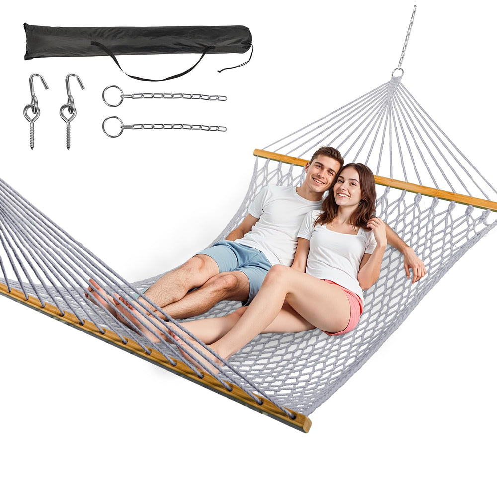 ANAGOO double hammock front view showing roomy bed and spreader bars for comfortable lounging