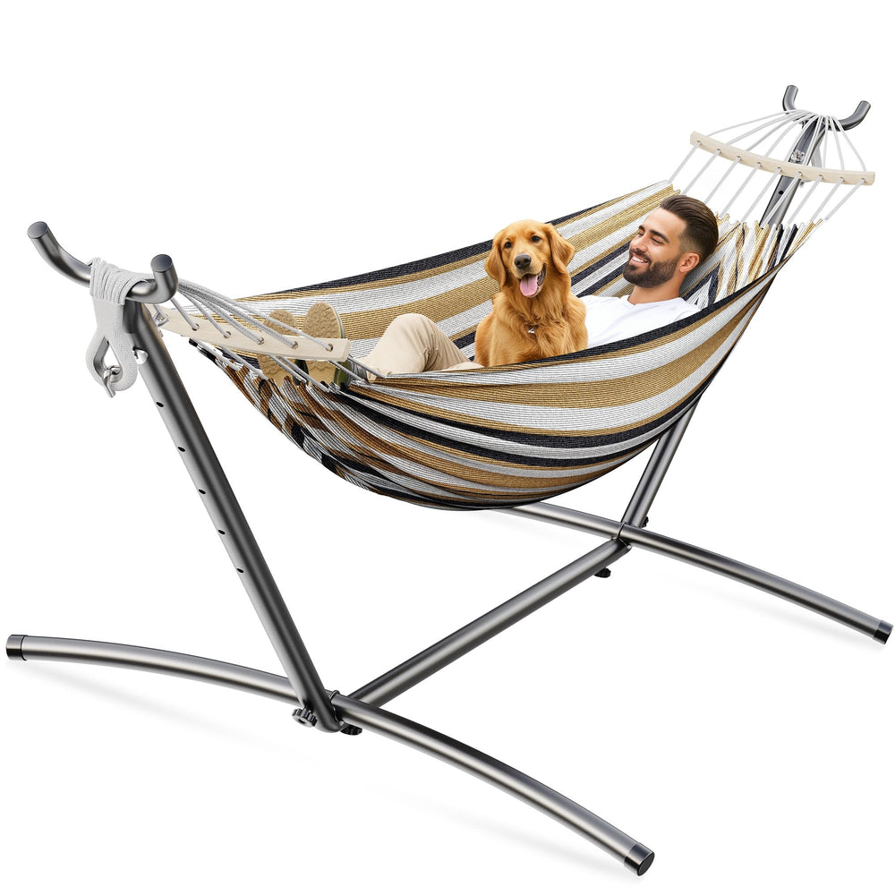 ANAGOO hammock front view showing coffee color and sturdy stand for relaxing