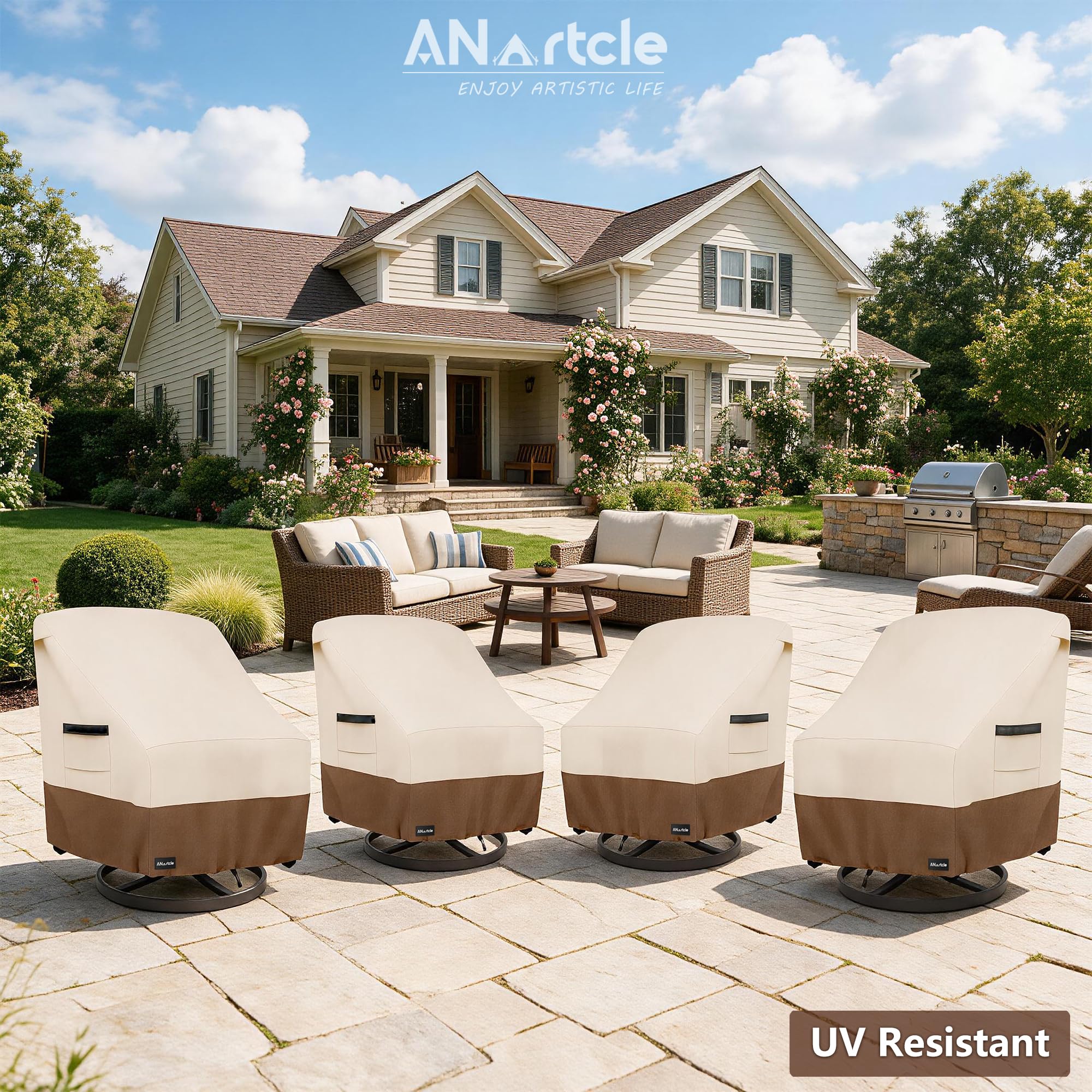 ANartcle cover fitted on swivel patio chair protecting from rain