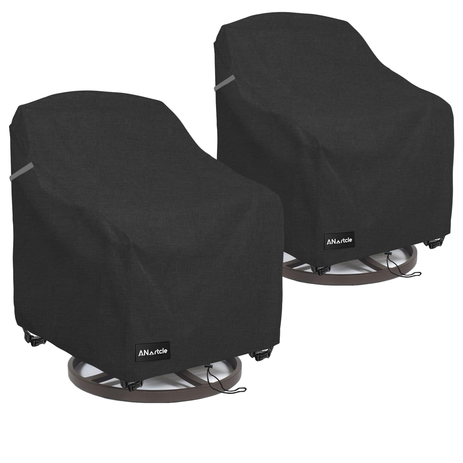 ANartcle front view of two black chair covers showing full fit and protection