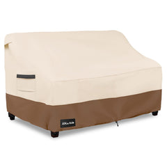 ANartcle front view of loveseat cover protecting outdoor sofa