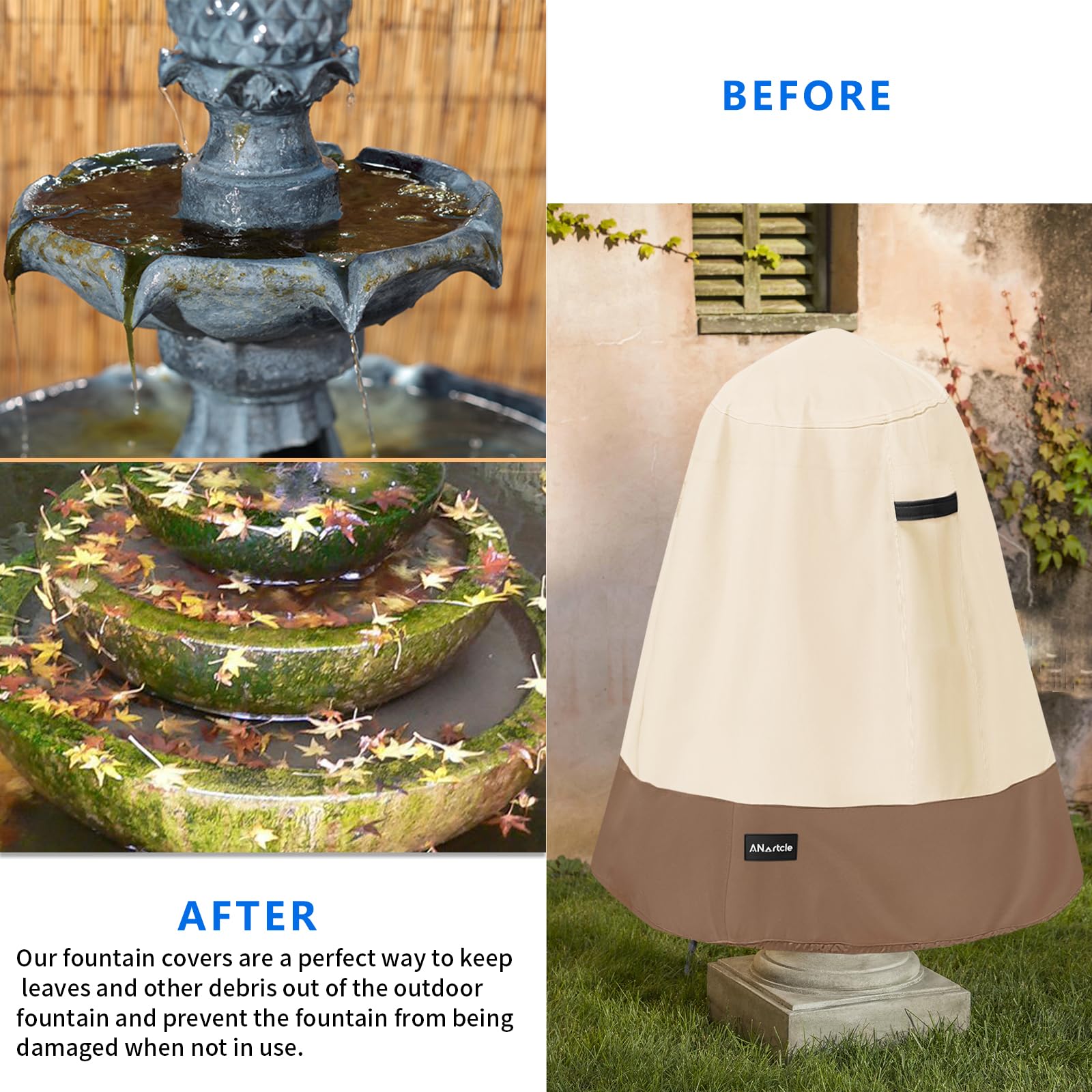 ANartcle cover in a backyard garden setting protecting a fountain from debris