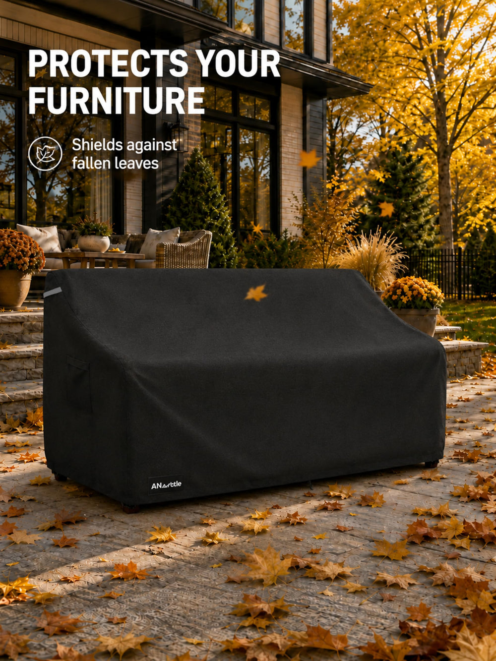 ANartcle cover in use on backyard patio, protects furniture from elements