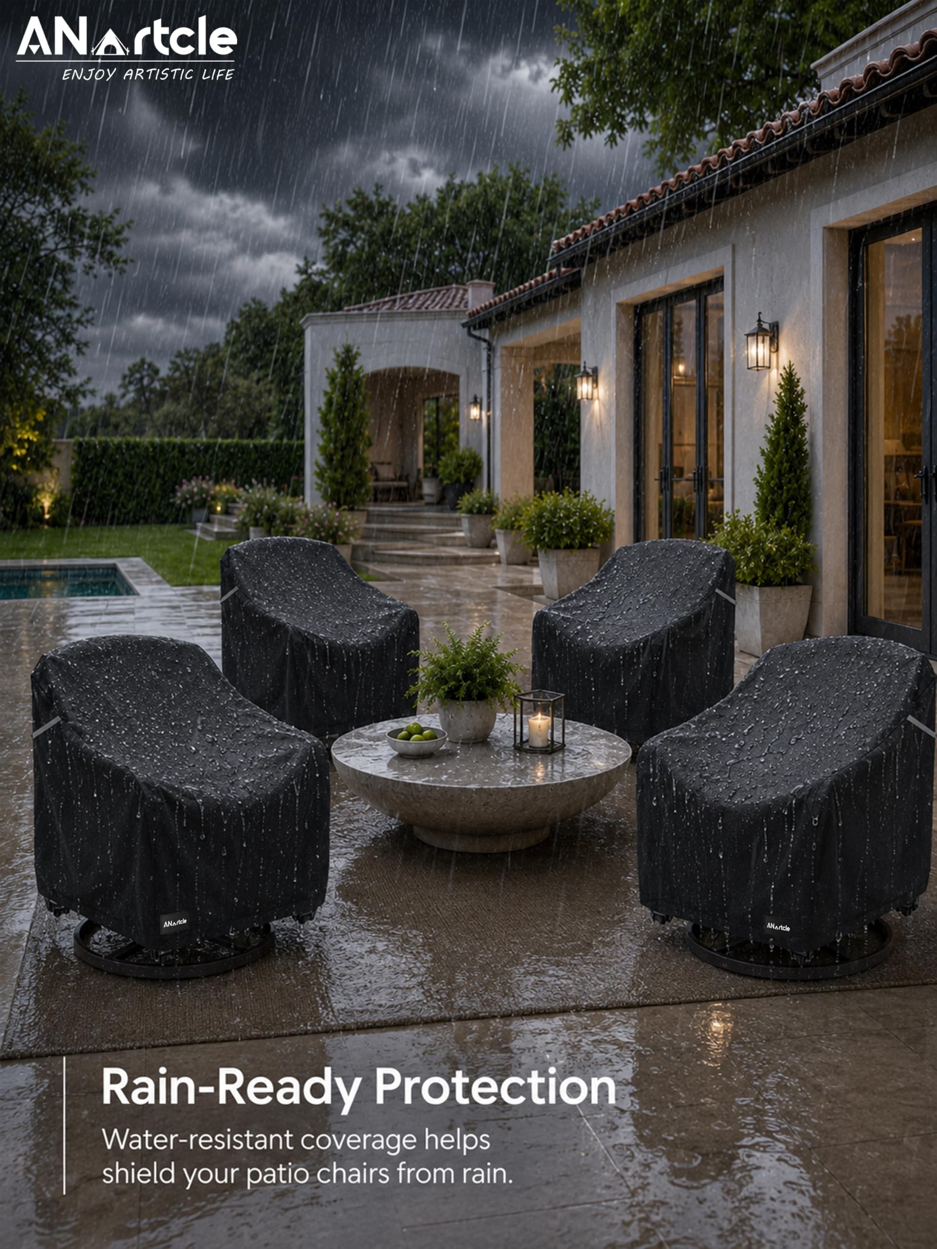 ANartcle in-use swivel chair covered, protects furniture from rain