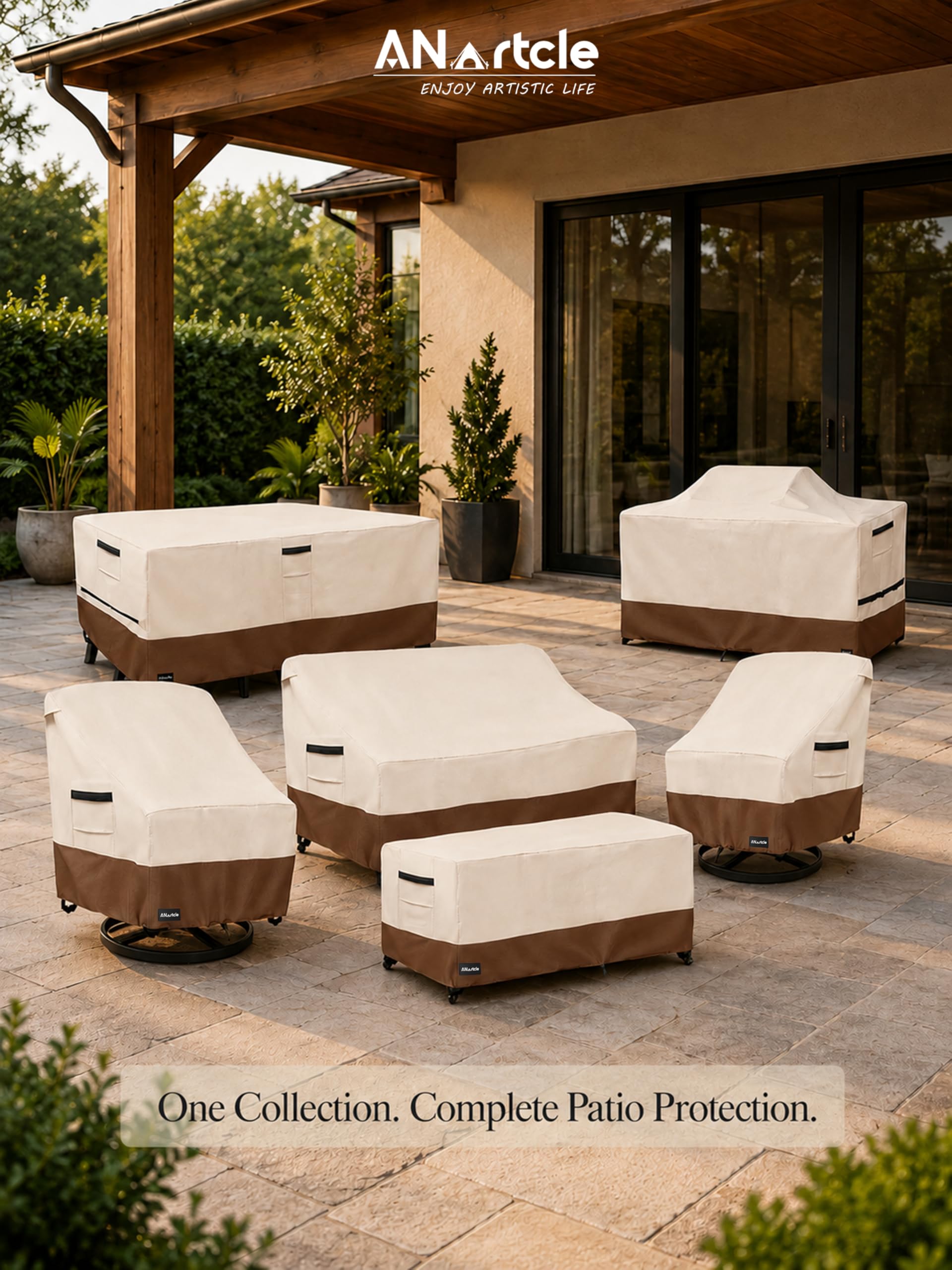 ANartcle beige and brown cover on loveseat in backyard setting