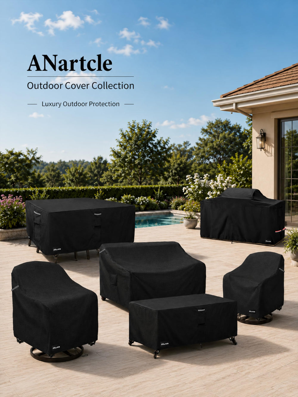 ANartcle lifestyle patio setting with covers on chairs, keeps patio tidy