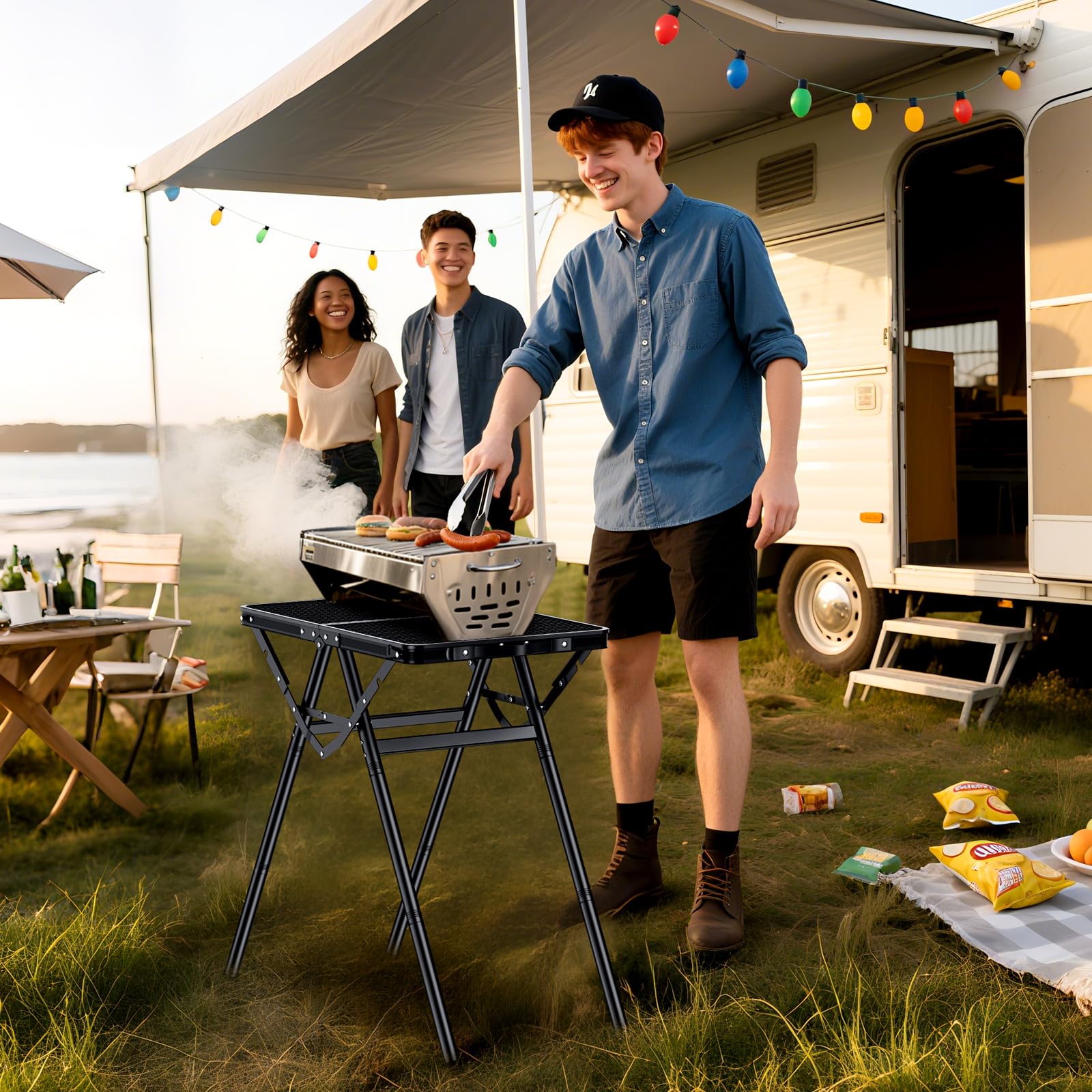 Anbte table at campsite next to chairs showing practical outdoor use