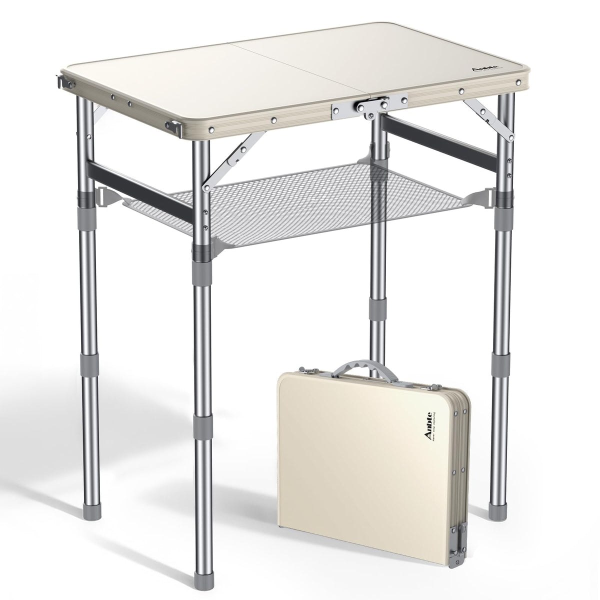 Anbte front view of folded table showing handle and compact portability benefit