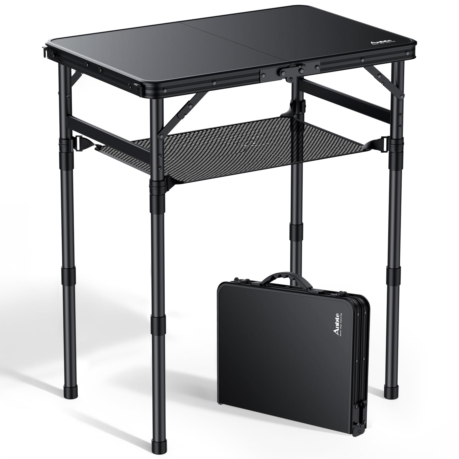 Anbte front view folded table showing compact portability and easy transport