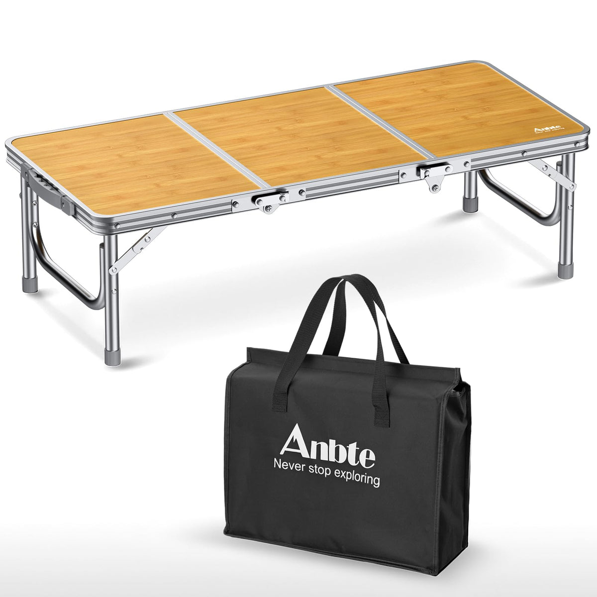 Anbte yellow table front view showing compact stable surface and portability benefit