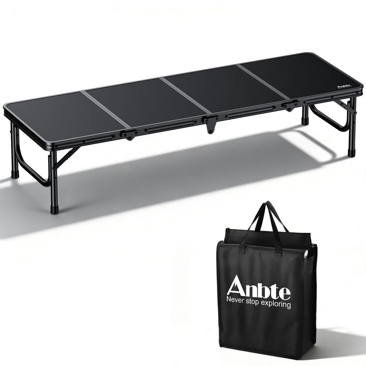 Anbte front view of low folding picnic table showing stable design and portability