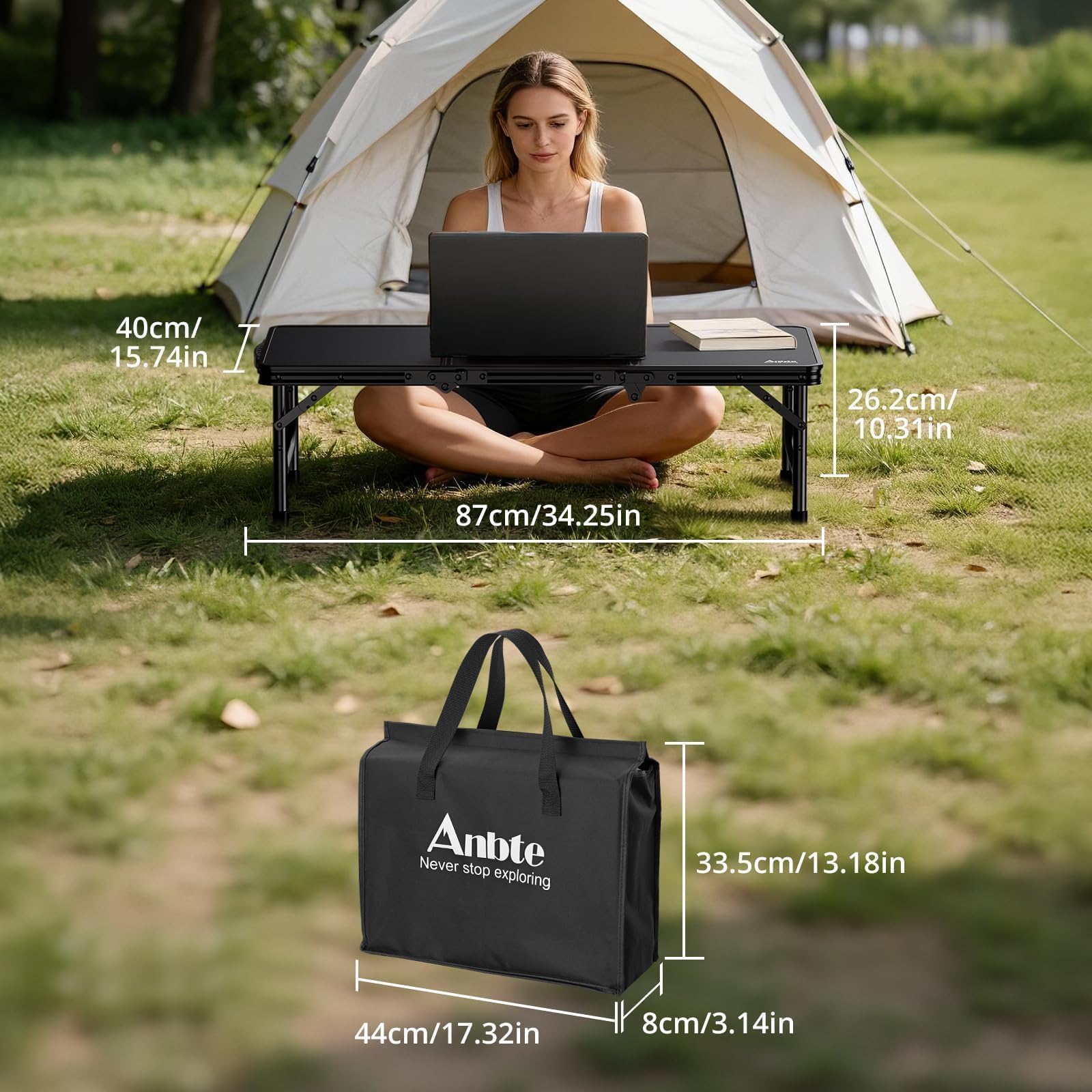 Anbte on beach in use showing stable low table for outdoor meals