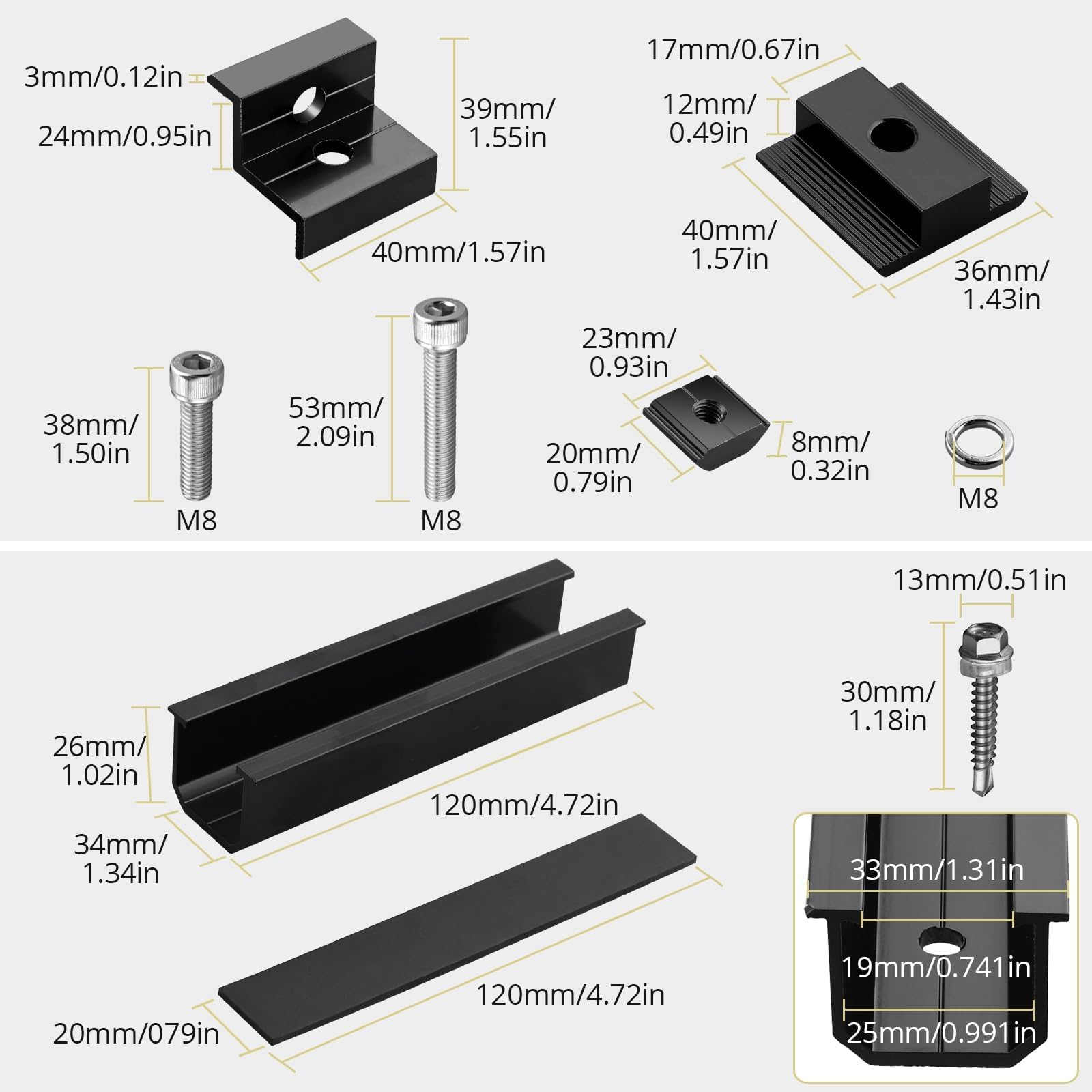 Anbte T-shaped middle clamp and rail groove for secure panel grip