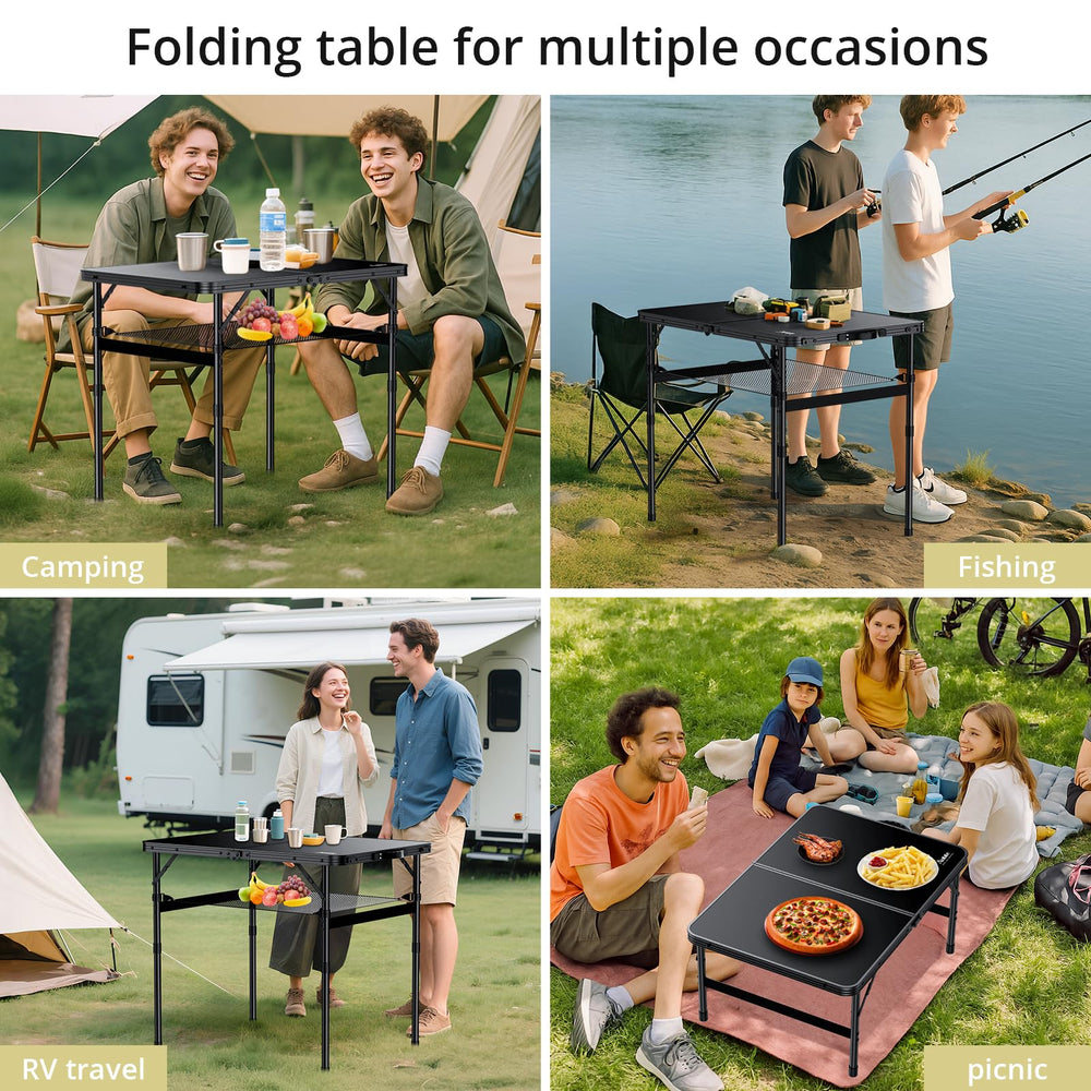 Anbte table in campsite setting providing elevated cooking and dining space