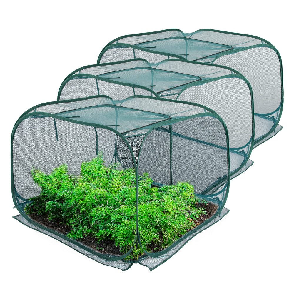 ANC POP front view showing three pop up plant covers and benefits of pest protection