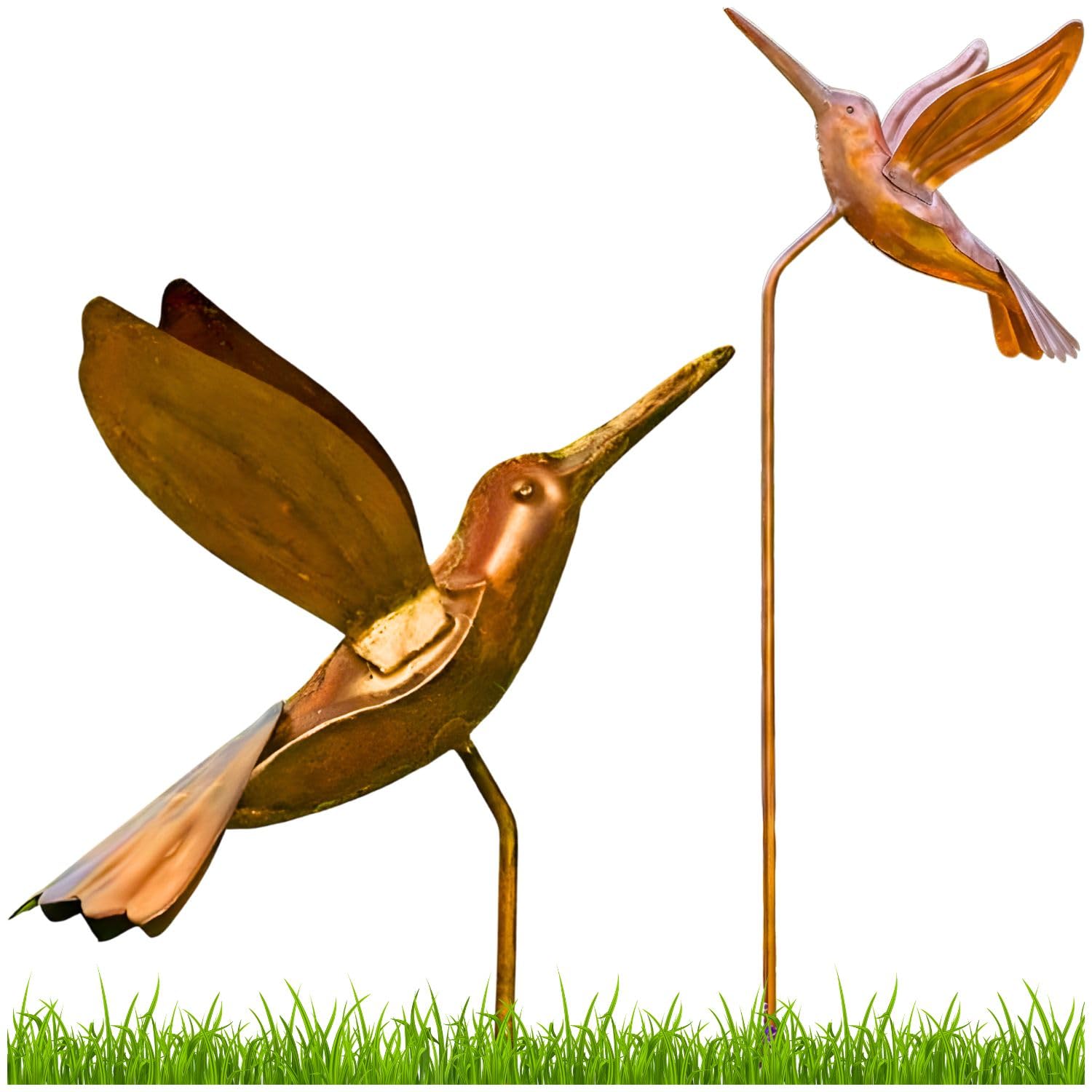 Ancient Graffiti hummingbird front view showing flamed copper accent and garden appeal