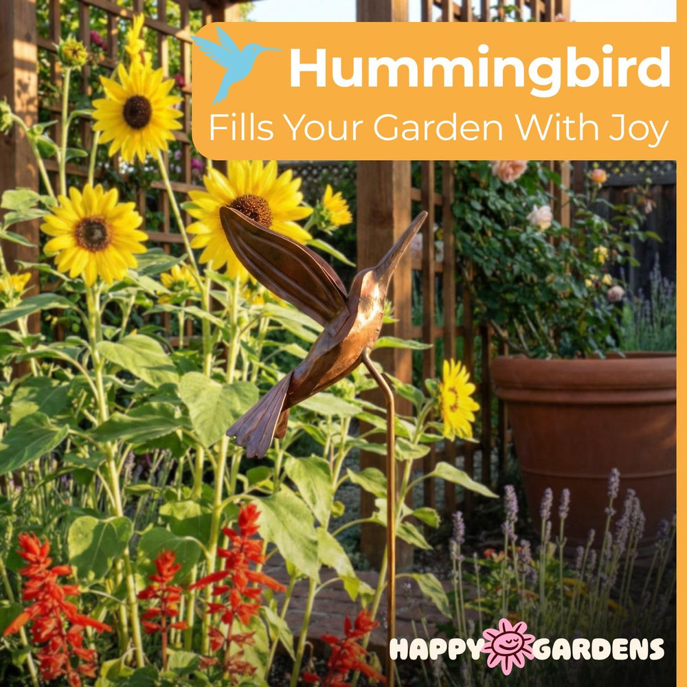 Ancient Graffiti hummingbird staked in garden demonstrating vertical accent and durability