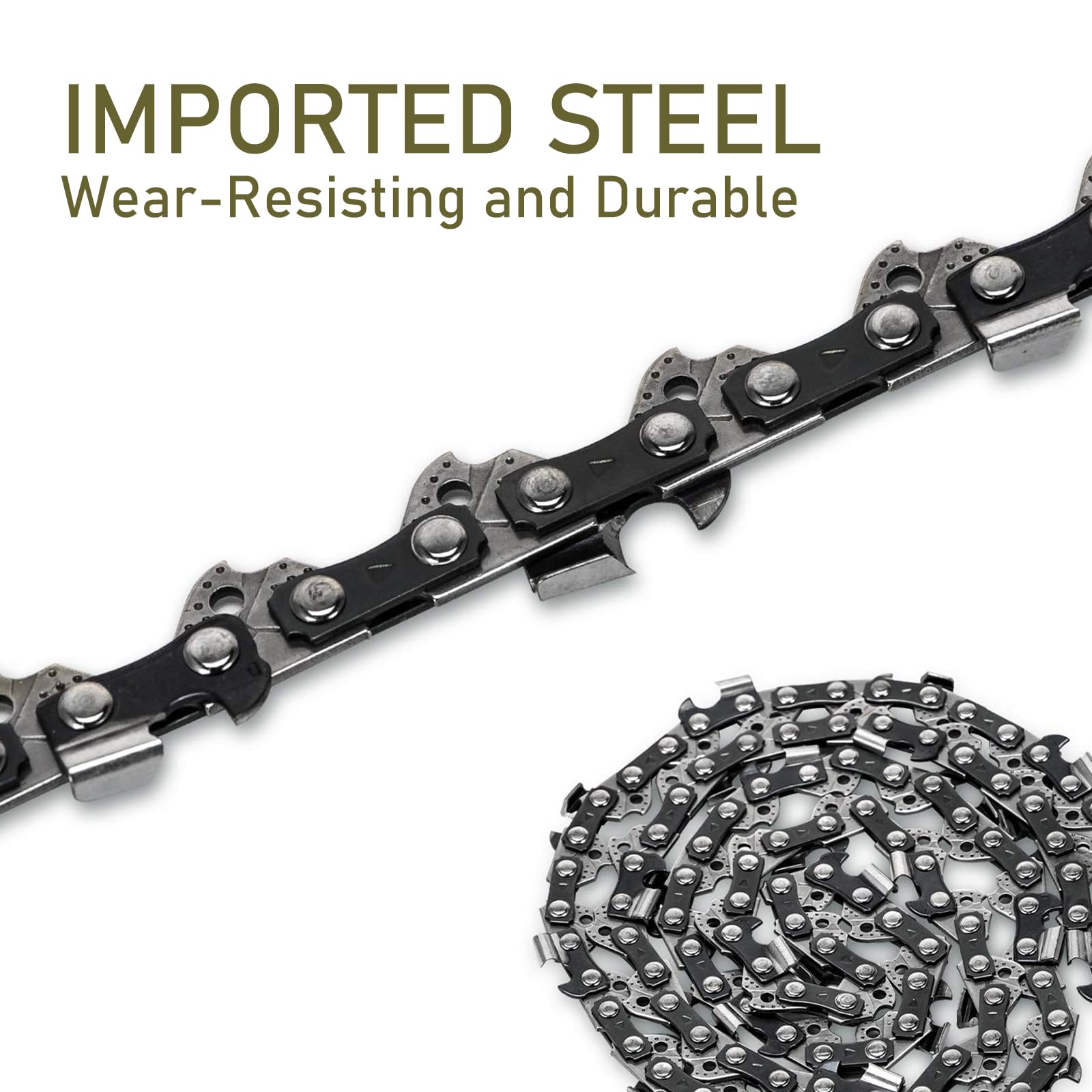 ANCKNE chain alongside ruler showing 3/8" LP pitch and .043" gauge accuracy