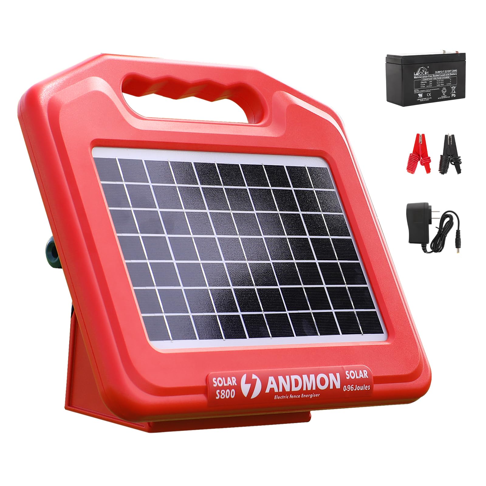 ANDMON front view of solar electric fence charger showing controls and status light, clear protection