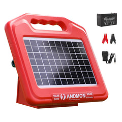 ANDMON front view of solar electric fence charger showing controls and status light, clear protection
