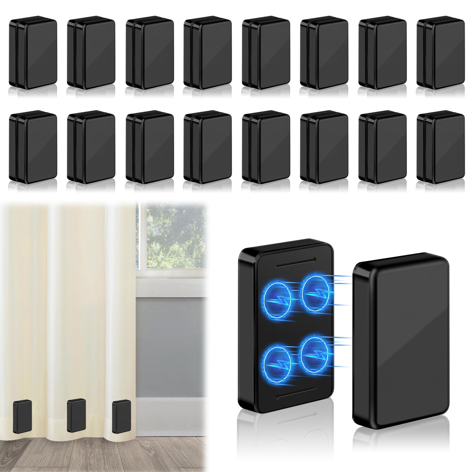 ANGAR front view of 32pcs black curtain weights showing full set and packaging benefit