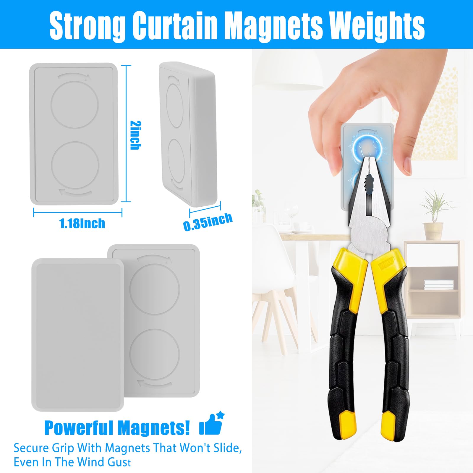 ANGAR weights clamping an outdoor curtain demonstrating wind prevention benefit