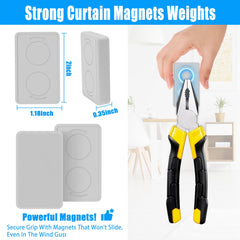 ANGAR weights clamping an outdoor curtain demonstrating wind prevention benefit