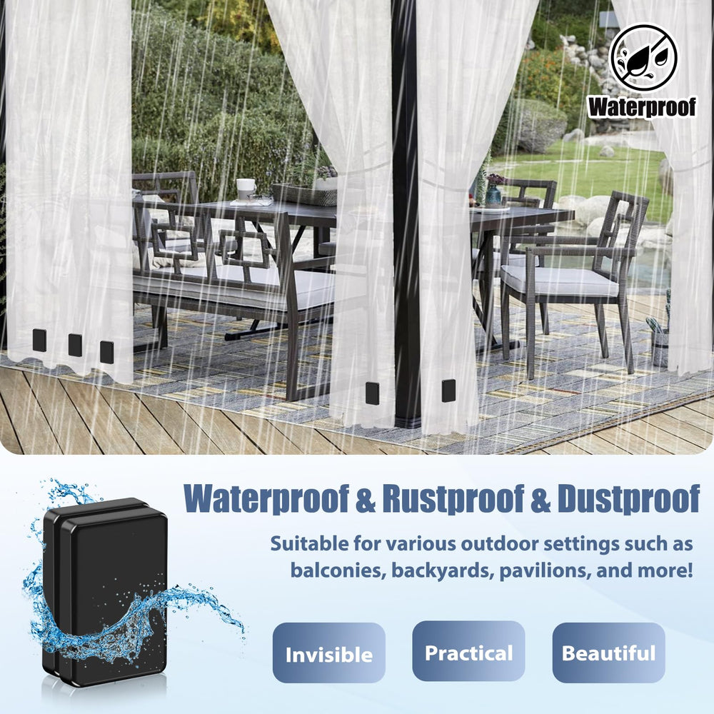 ANGAR weight securing a tablecloth in garden showing wind-resistant stability