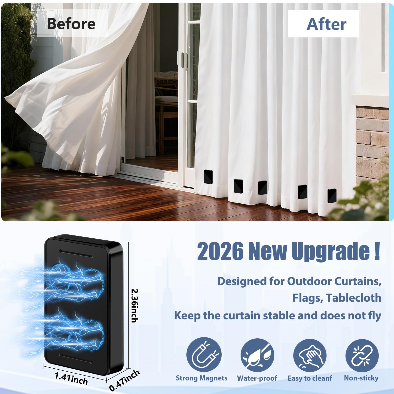 ANGAR weight attached to outdoor curtain hem keeping fabric straight in breeze