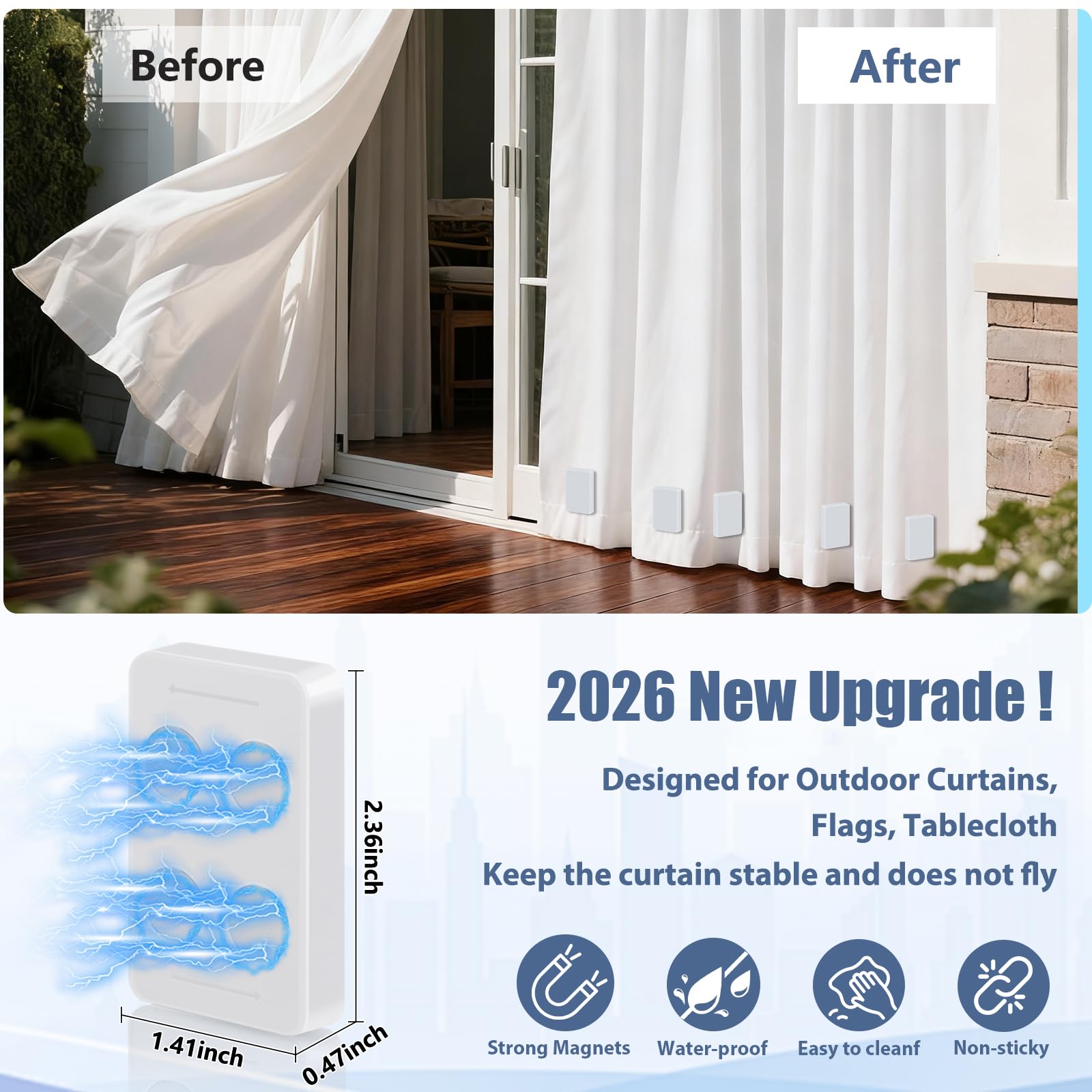 ANGAR in-use on a patio curtain showing stable fabric in wind for improved comfort