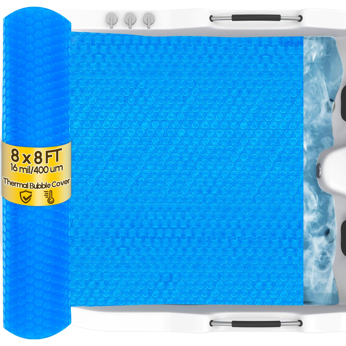Angooni front view of 8x8FT blanket showing size and packaging, durable protection