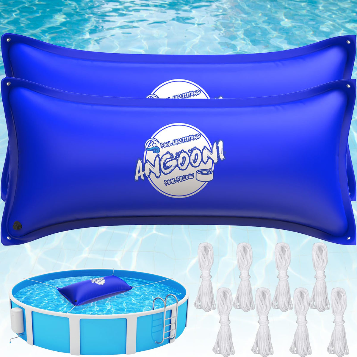 Angooni front view of two packed pool pillows, shows full set and benefit