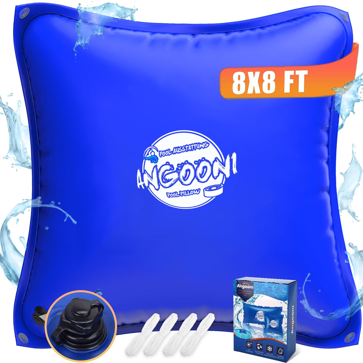 Angooni front view of 8x8 pool pillow showing durable shape and protection benefits