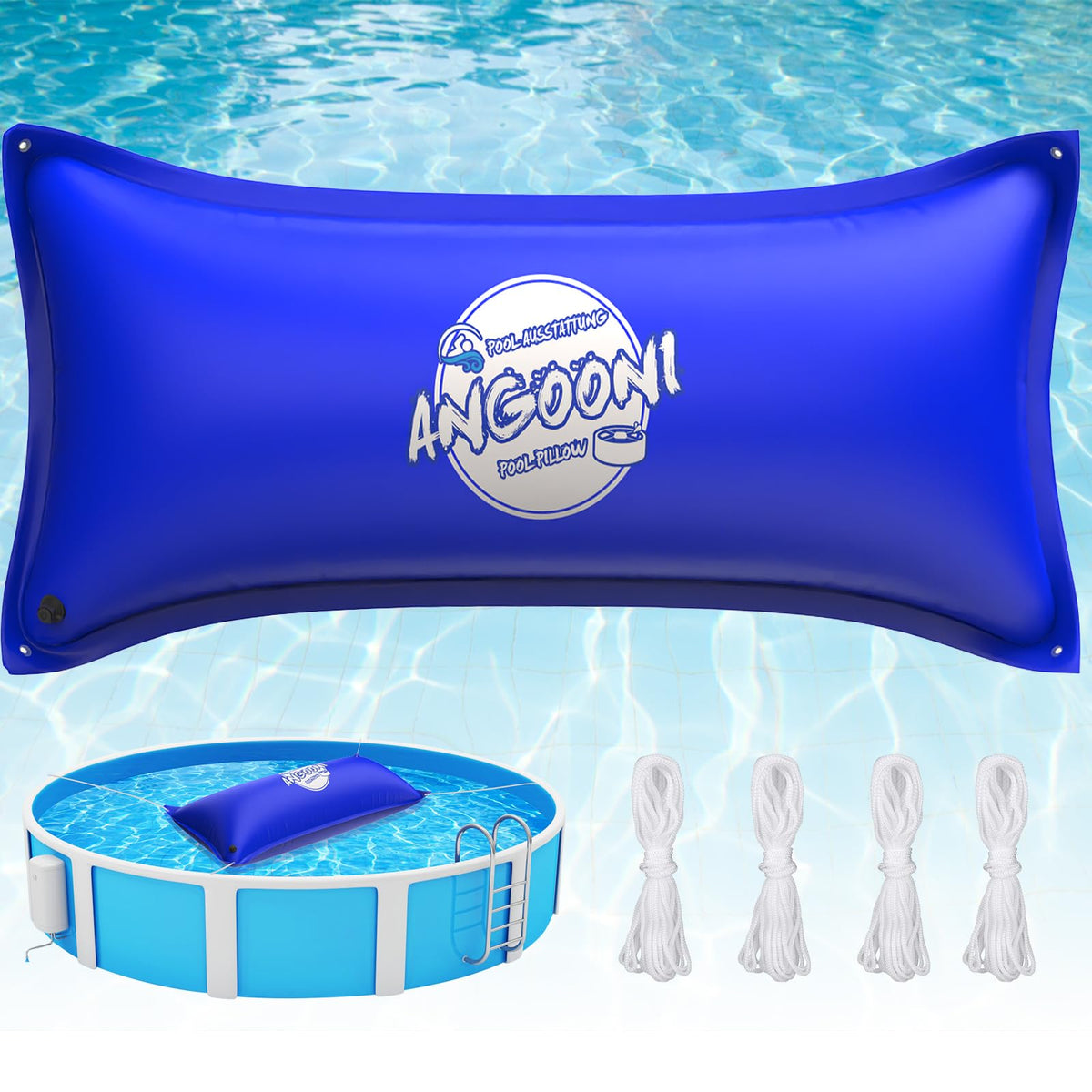 Angooni front view of pool pillow under cover protecting pool