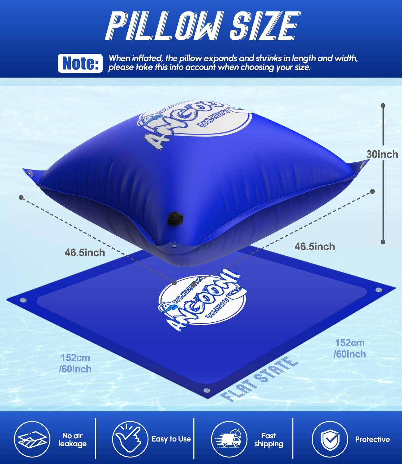Angooni pillow under a pool cover demonstrating water diversion benefit