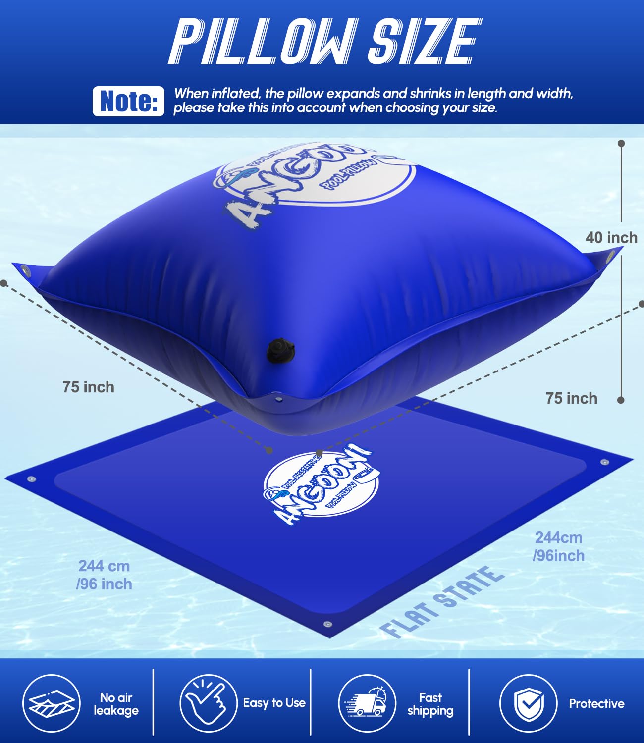 Angooni inflated pillow in an above-ground pool creating a domed cover to shed water