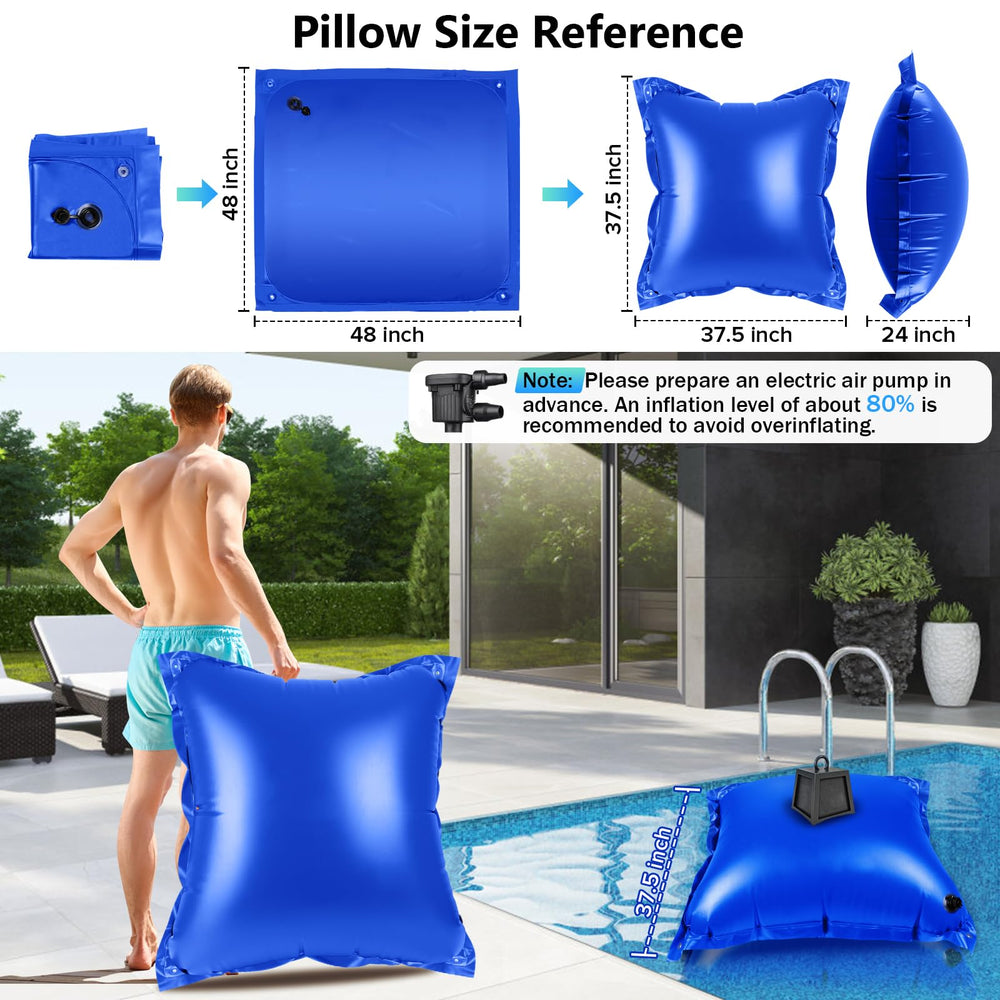 Angooni inflated pillow under pool cover directing water off