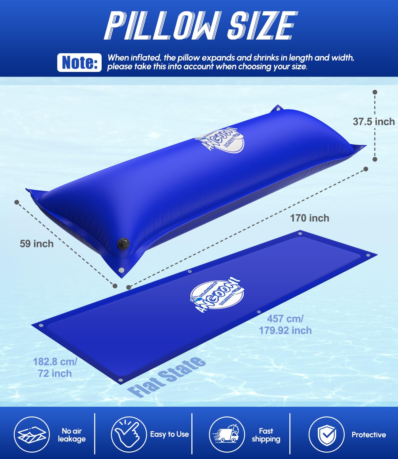 Angooni pillow inflated under winter cover showing ponding prevention benefit