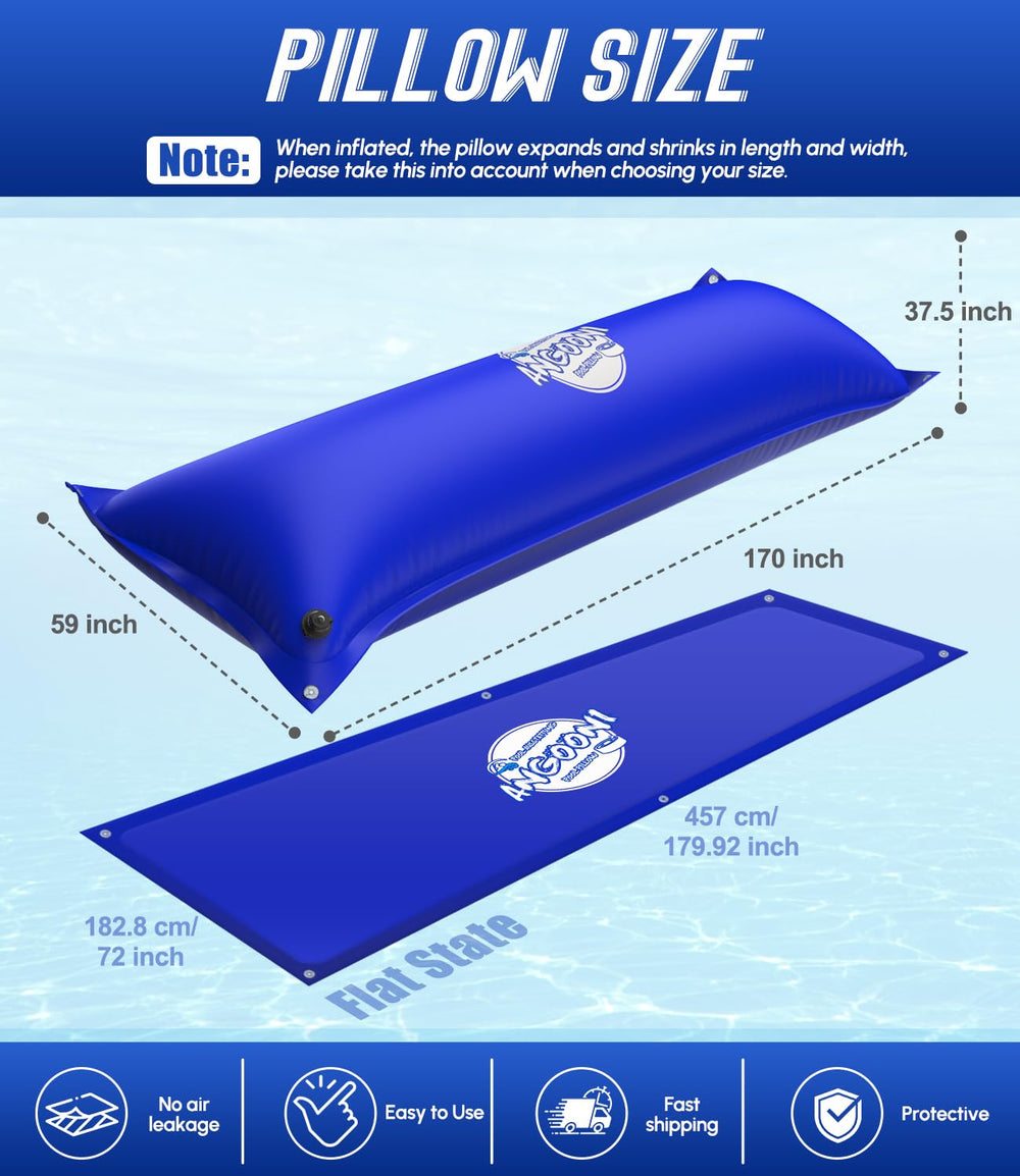 Angooni pillow inflated under winter cover showing ponding prevention benefit
