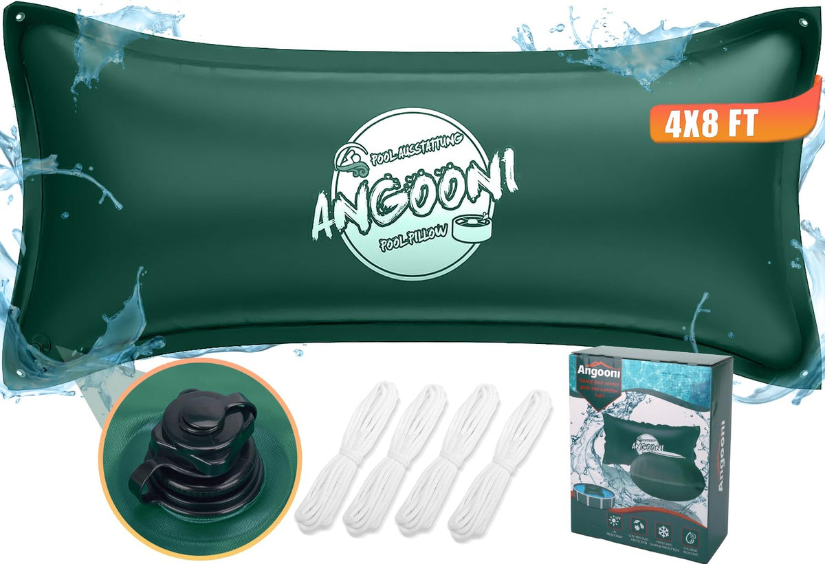 Angooni pool pillow front view showing green PVC and benefits of cover support