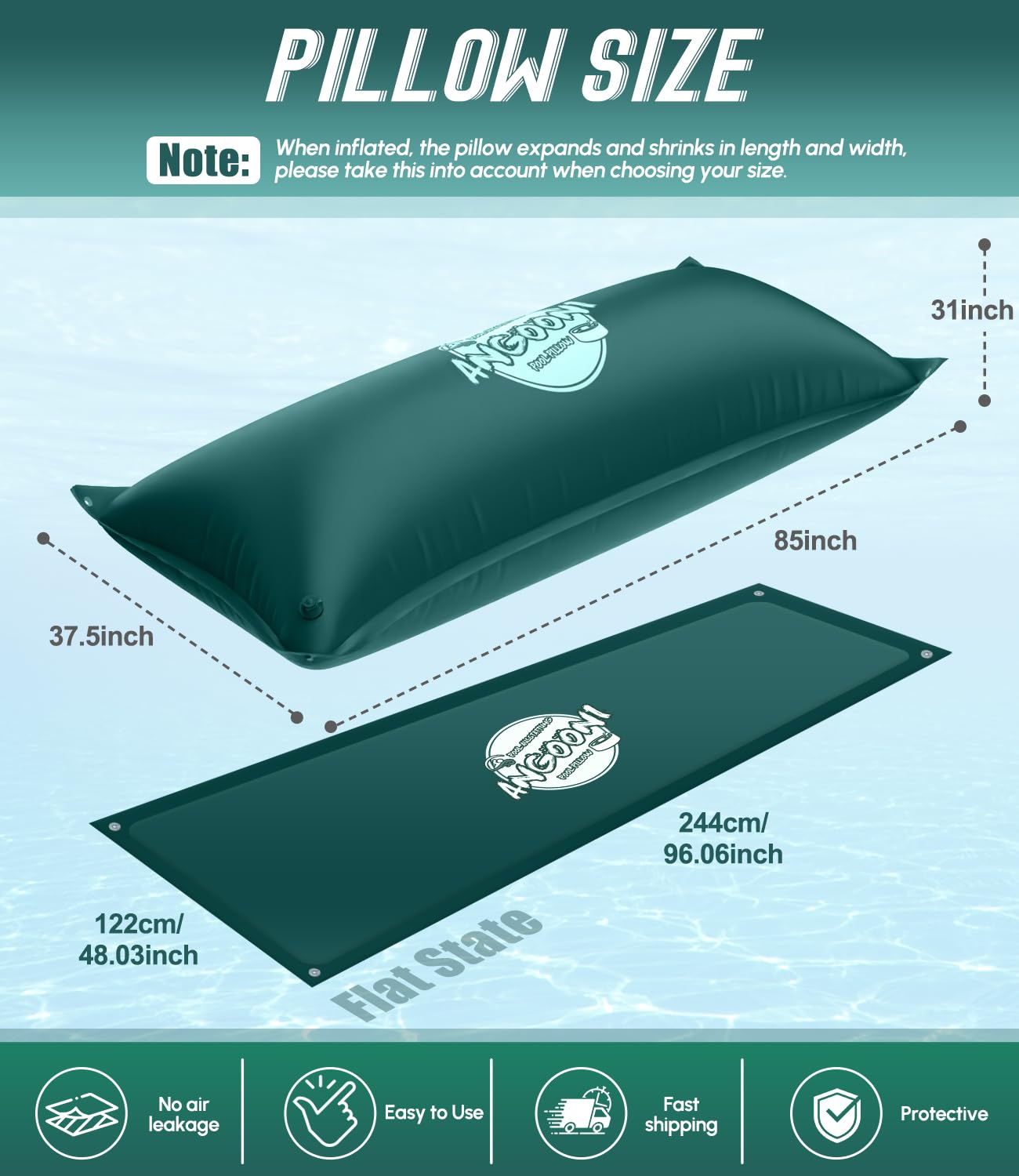 Angooni pillow under pool cover demonstrating runoff and reduced water pooling