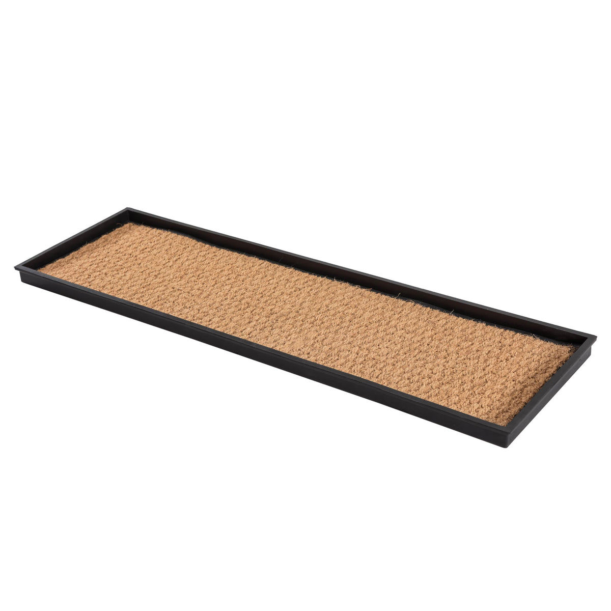 Anji Mountain front view of tan coir boot tray protecting floor