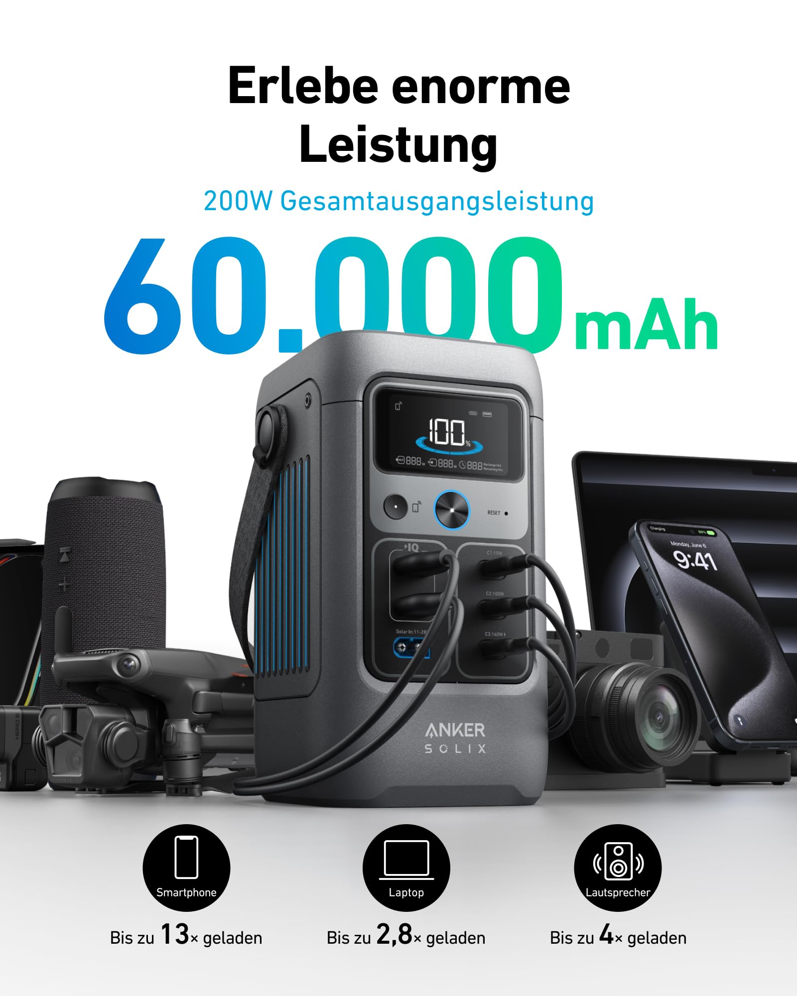 Anker SOLIX C200 close-up of USB-C and USB-A ports for fast multi-device charging