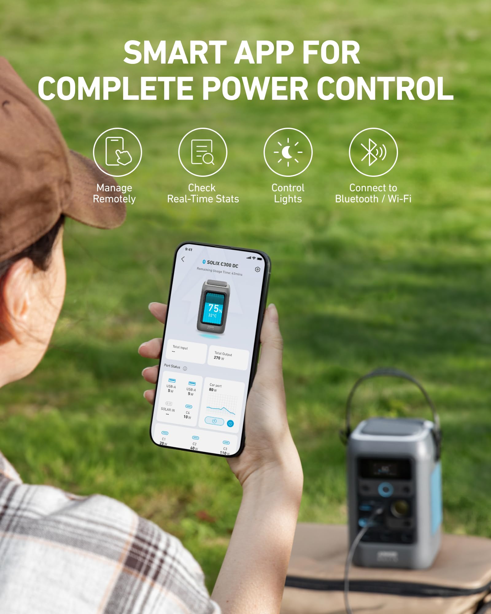 Anker SOLIX C300 on campsite table powering lights and devices