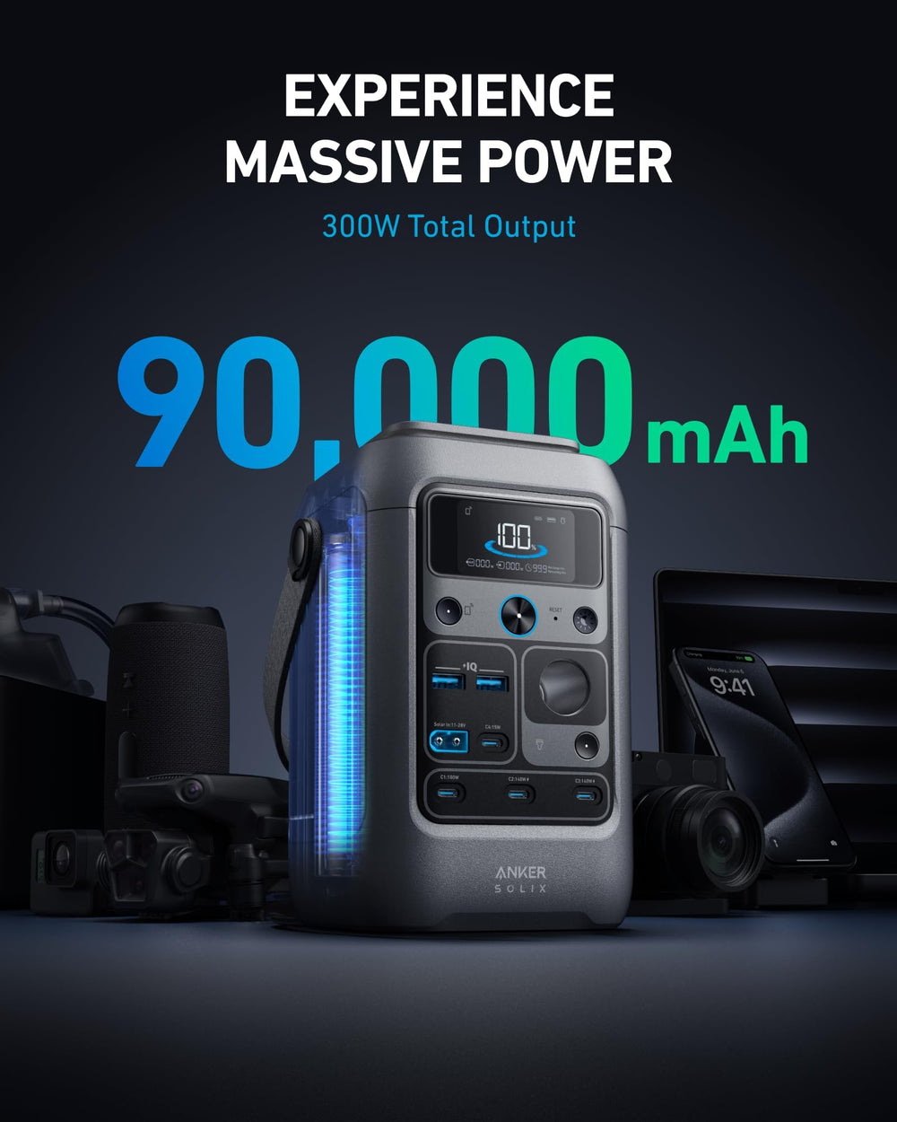 Anker SOLIX C300 port close-up highlighting USB-C high-speed outputs for fast charging
