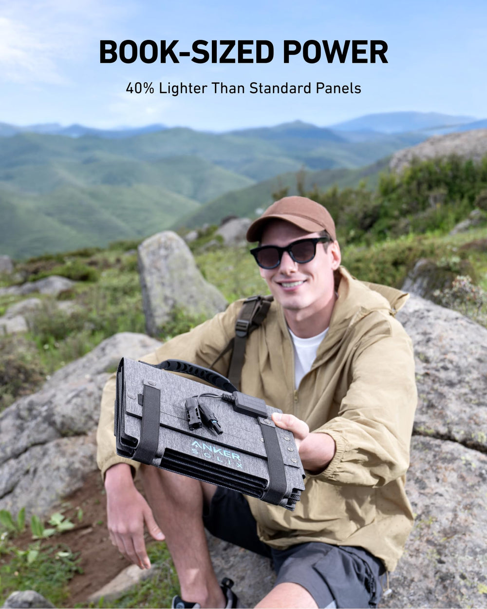 Anker 60W solar panel folded flat illustrating compact solar storage for backcountry charging