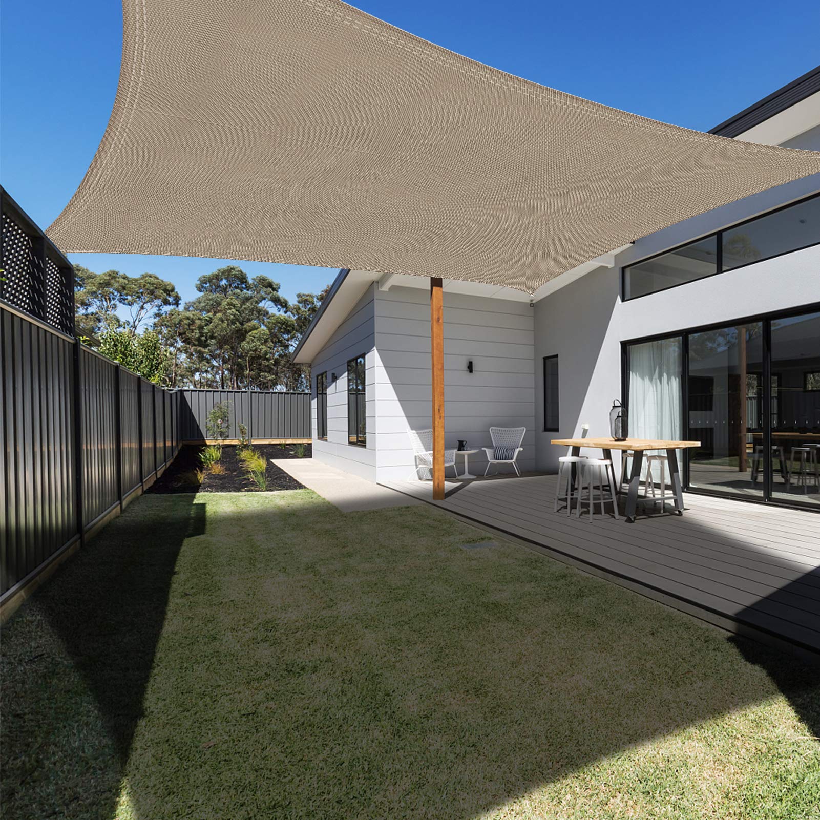 Ankuka 10x13 khaki canopy front view showing full coverage and shade benefit