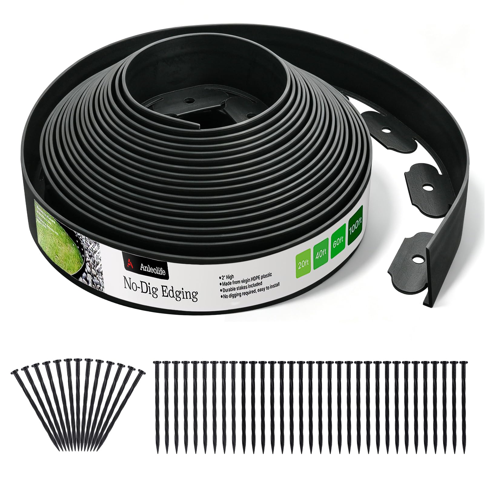 A ANLEOLIFE front packaging showing black 2 inch lawn border and benefits