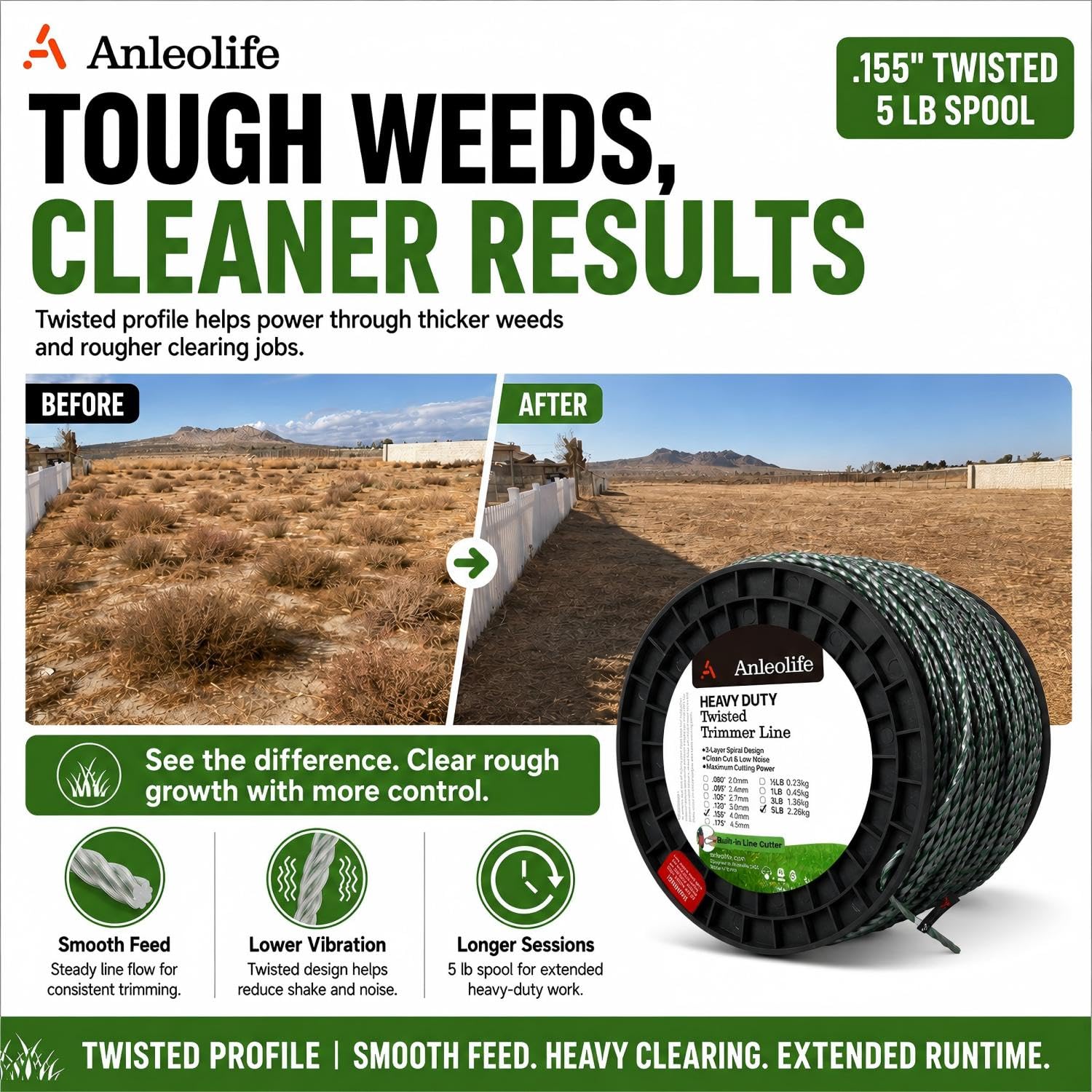 A ANLEOLIFE line installed in a trimmer cutting thick weeds at a property edge for efficient cleanup